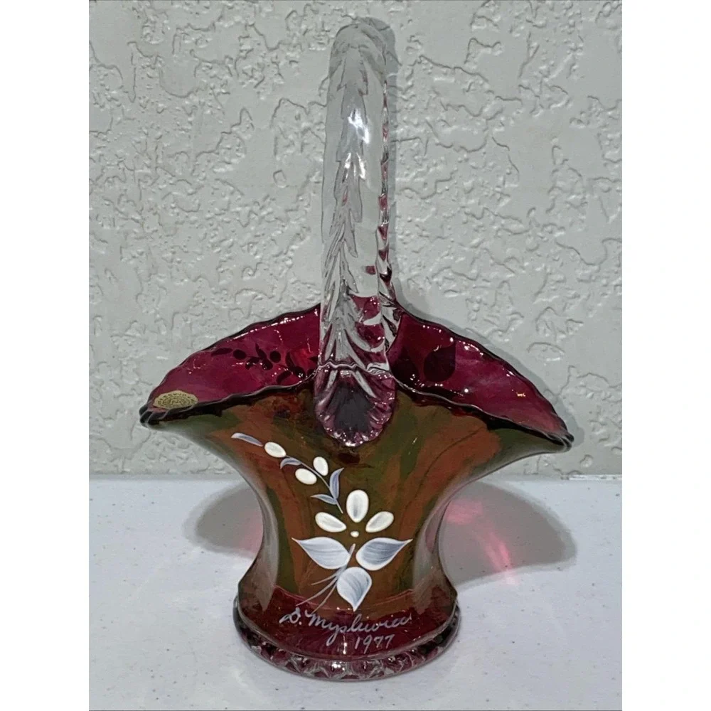 VTG Westmoreland Cranberry Pink Red Glass Basket 7